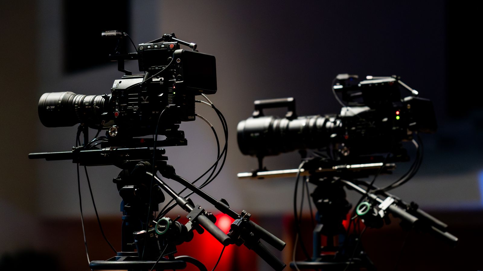 A cinema camera lens in dark light